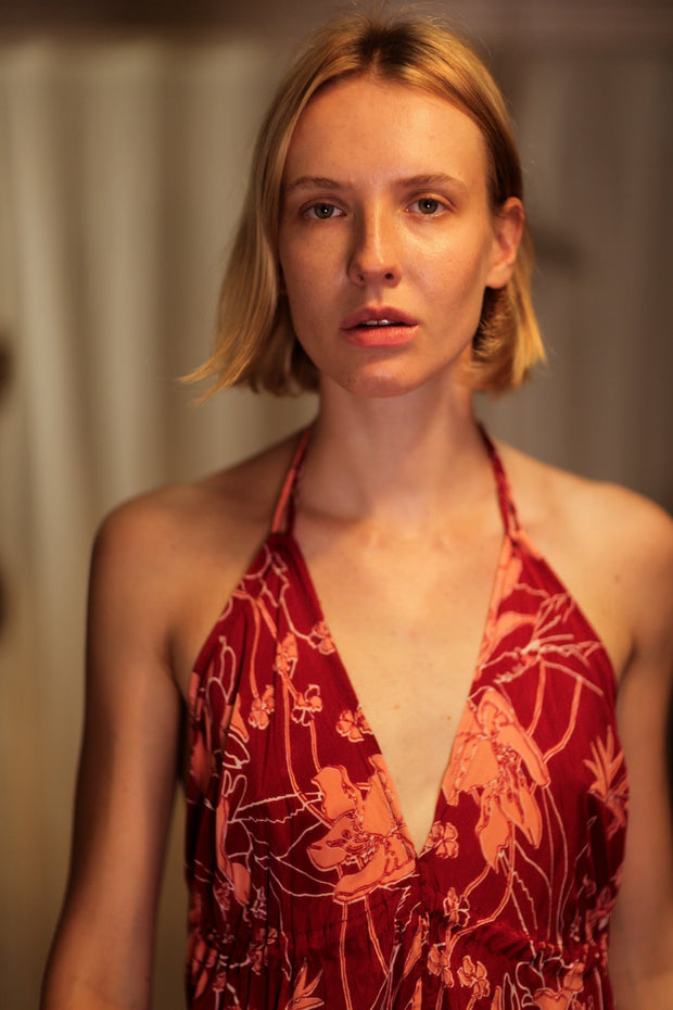 HANNAH SILK DRESS RED FLOWER - sustainably made MOMO NEW YORK sustainable clothing, Boho Chic Dress slow fashion
