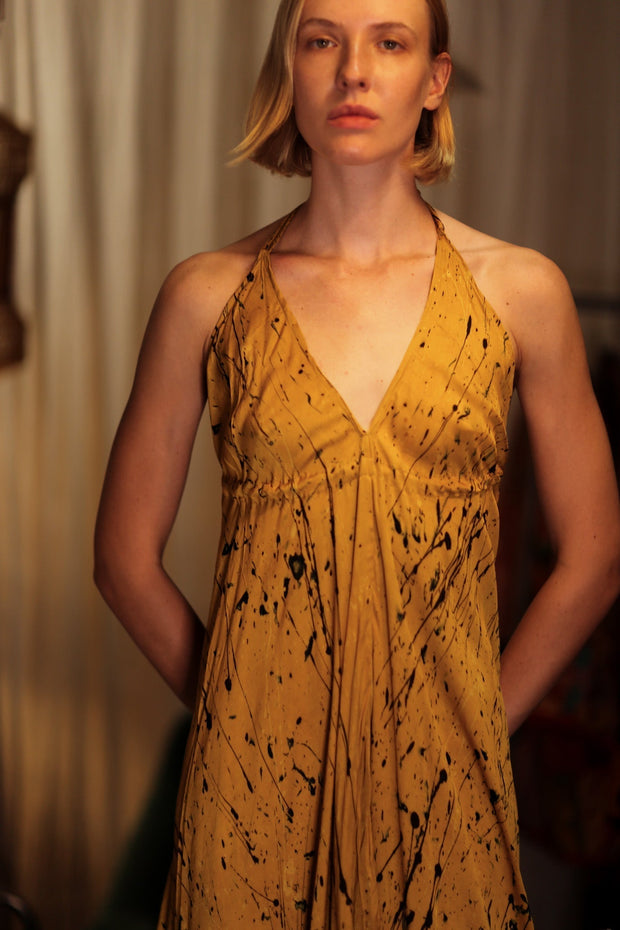 HANNAH SILK DRESS YELLOW POLLOCK - sustainably made MOMO NEW YORK sustainable clothing, Boho Chic Dress slow fashion