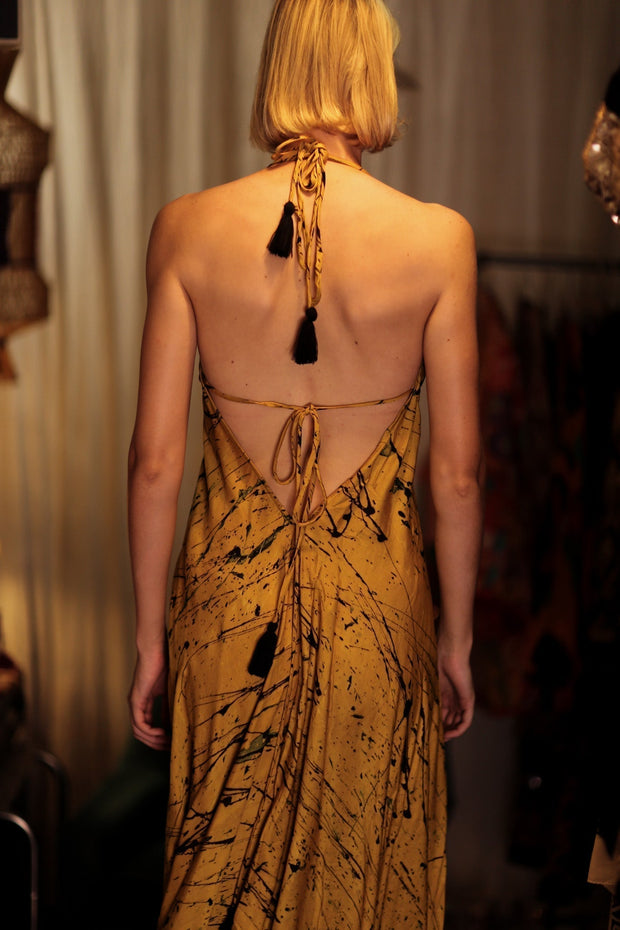 HANNAH SILK DRESS YELLOW POLLOCK - sustainably made MOMO NEW YORK sustainable clothing, Boho Chic Dress slow fashion