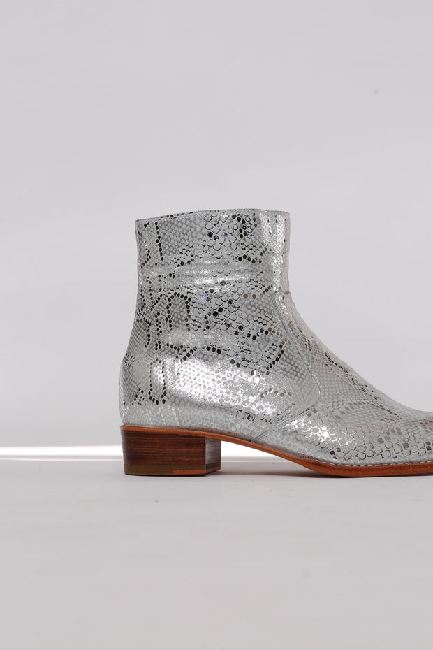 IAN SNAKE PRINT SILVER BOOTS - sustainably made MOMO NEW YORK sustainable clothing, ankle boots slow fashion