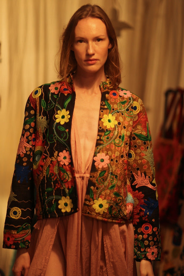 JACKET INGRID LIGHT AND DARK BROWN EMBROIDERED - sustainably made MOMO NEW YORK sustainable clothing, coatandjacket slow fashion