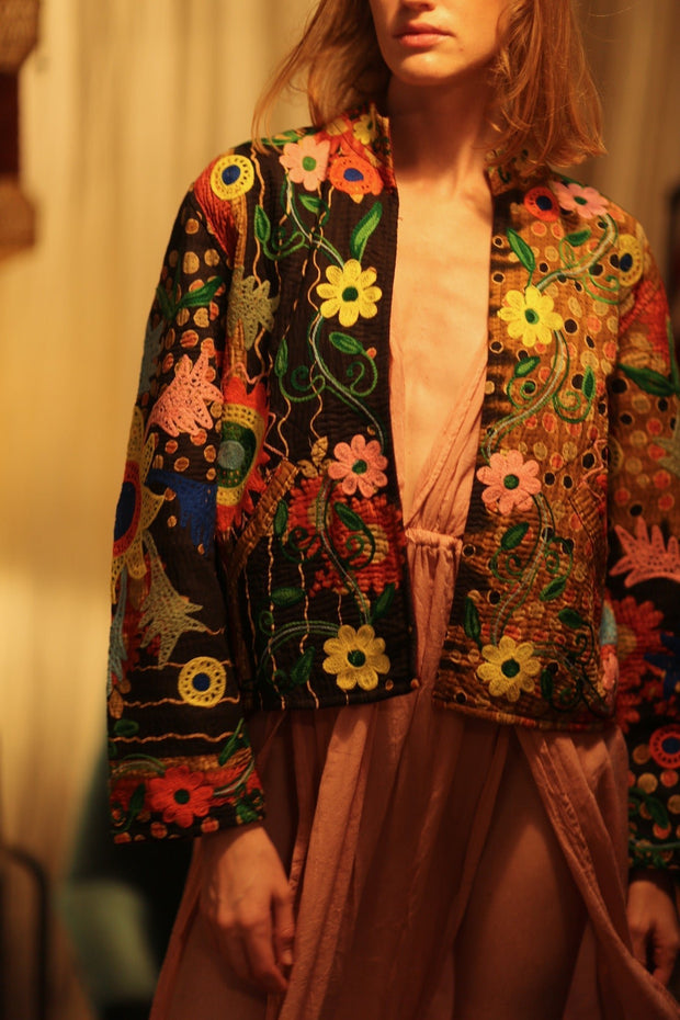 JACKET INGRID LIGHT AND DARK BROWN EMBROIDERED - sustainably made MOMO NEW YORK sustainable clothing, coatandjacket slow fashion