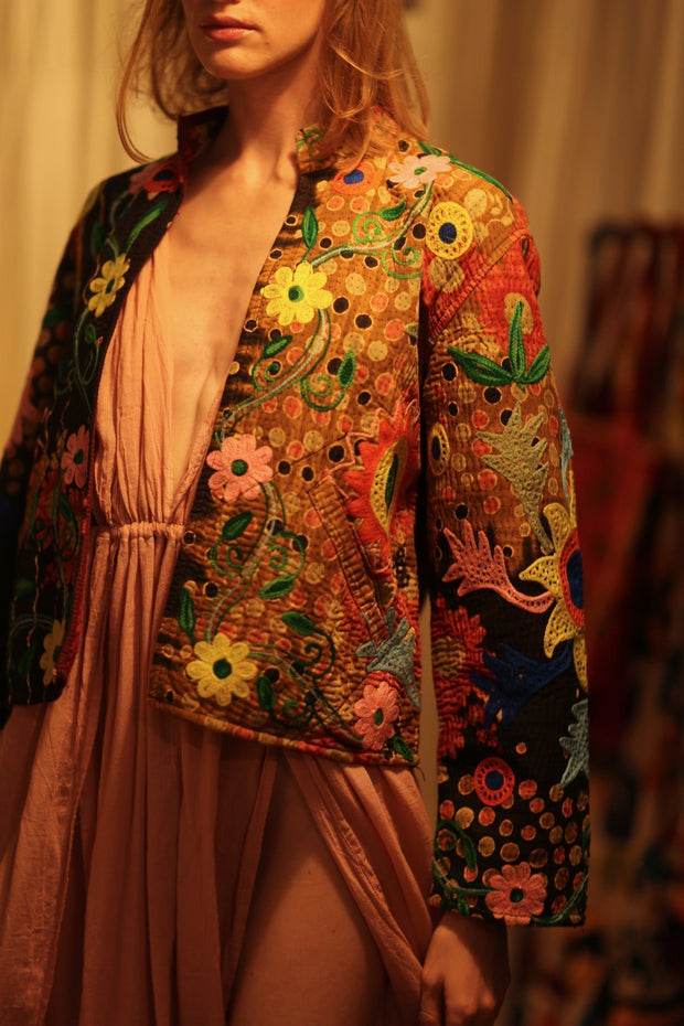 JACKET INGRID LIGHT AND DARK BROWN EMBROIDERED - sustainably made MOMO NEW YORK sustainable clothing, coatandjacket slow fashion