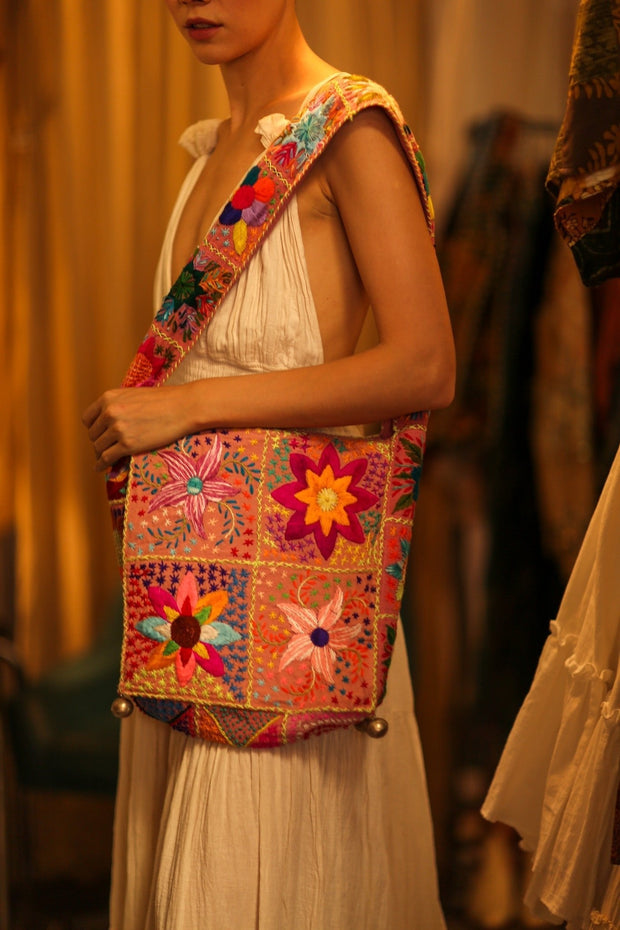 JAIDEE EMBROIDERED PATCHWORK BAG - sustainably made MOMO NEW YORK sustainable clothing, bag slow fashion