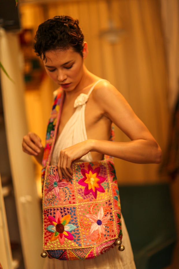 JAIDEE EMBROIDERED PATCHWORK BAG - sustainably made MOMO NEW YORK sustainable clothing, bag slow fashion