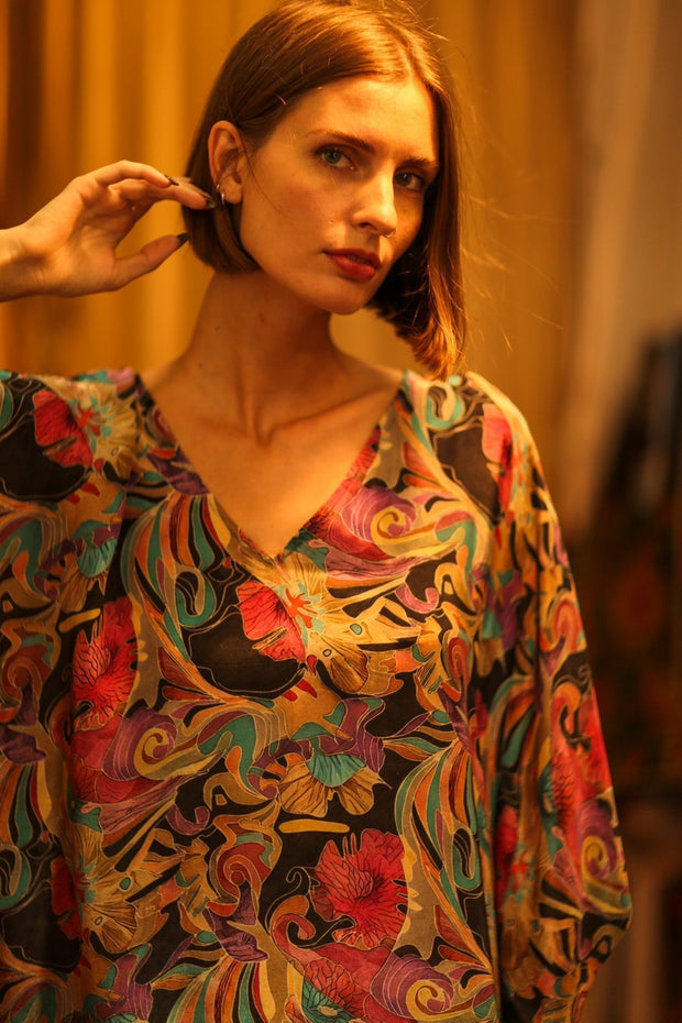 KAFTAN DRESS YAYA BLACK JUNGLE - sustainably made MOMO NEW YORK sustainable clothing, dresskaftan slow fashion