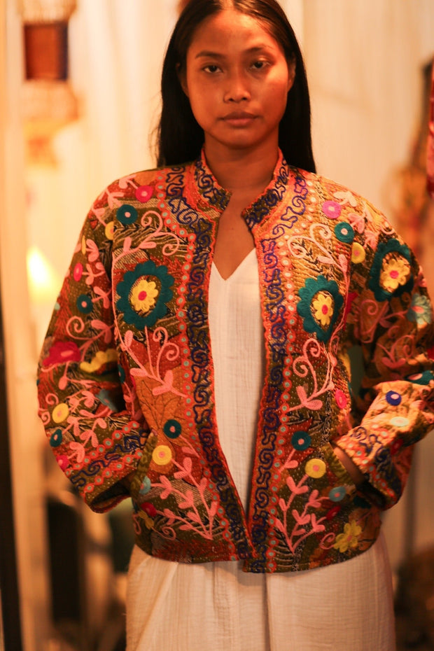 KANTHA EMBROIDERED JACKET INGRID HUGS - sustainably made MOMO NEW YORK sustainable clothing, bestseller slow fashion