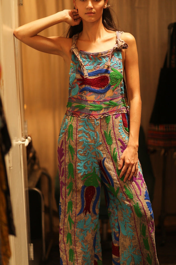 KANTHA EMBROIDERED JUMPSUIT FREYA - sustainably made MOMO NEW YORK sustainable clothing, jumpsuit slow fashion
