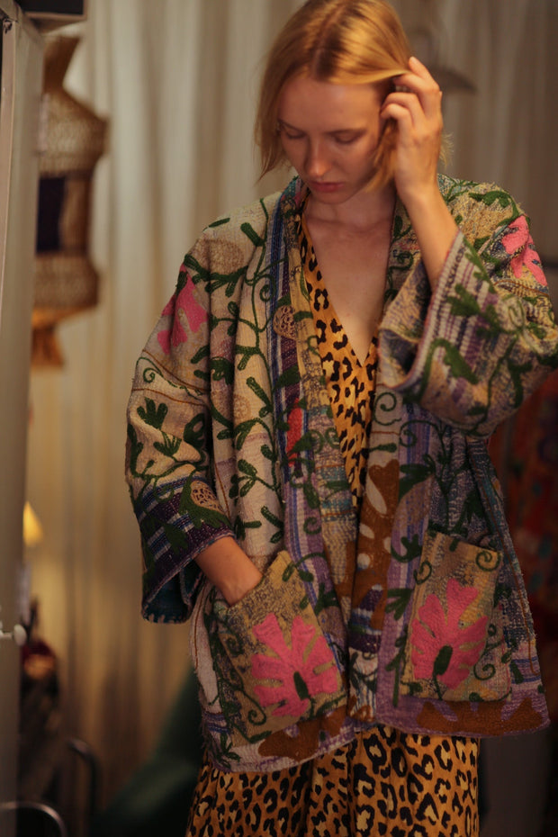 KANTHA EMBROIDERED KIMONO MONTY DECO - sustainably made MOMO NEW YORK sustainable clothing, embellished slow fashion
