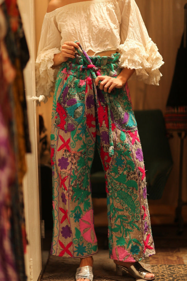 KANTHA EMBROIDERED PANTS WISSA - sustainably made MOMO NEW YORK sustainable clothing, new slow fashion