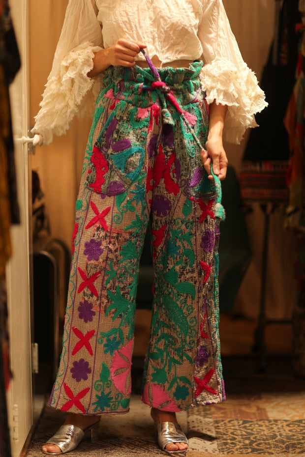 KANTHA EMBROIDERED PANTS WISSA - sustainably made MOMO NEW YORK sustainable clothing, new slow fashion