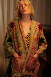 KANTHA EMBROIDERED SHORT MONTY KIMONO GRASS - sustainably made MOMO NEW YORK sustainable clothing, embellished slow fashion
