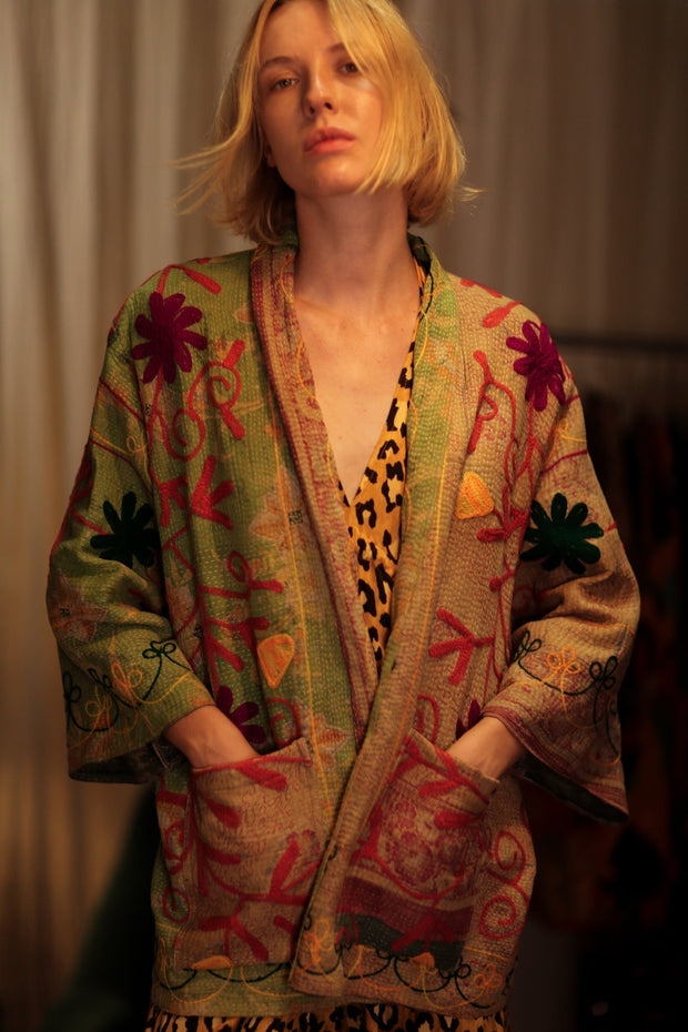 KANTHA EMBROIDERED SHORT MONTY KIMONO GRASS - sustainably made MOMO NEW YORK sustainable clothing, embellished slow fashion