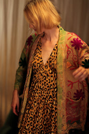 KANTHA EMBROIDERED SHORT MONTY KIMONO GRASS - sustainably made MOMO NEW YORK sustainable clothing, embellished slow fashion