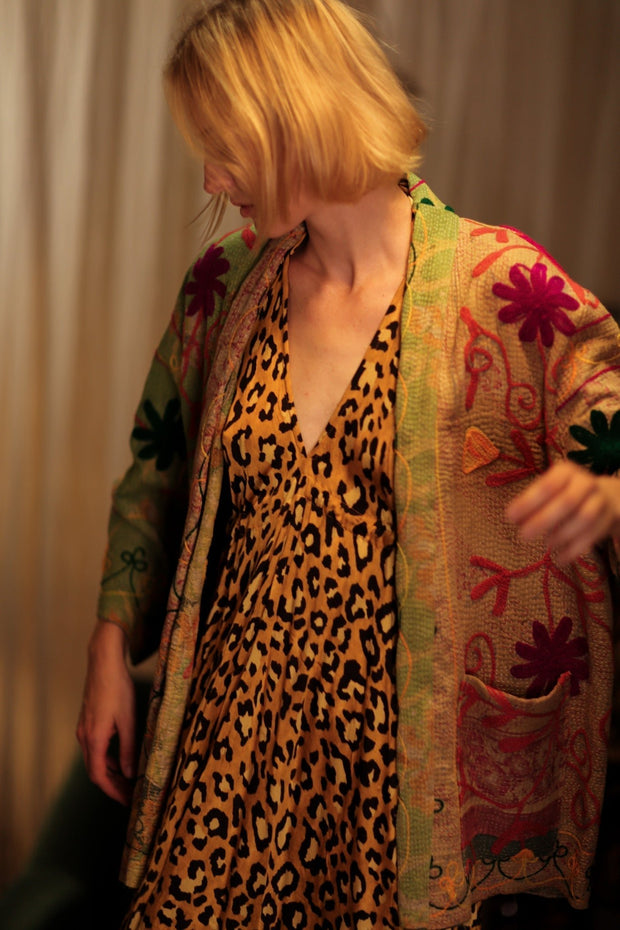 KANTHA EMBROIDERED SHORT MONTY KIMONO GRASS - sustainably made MOMO NEW YORK sustainable clothing, embellished slow fashion