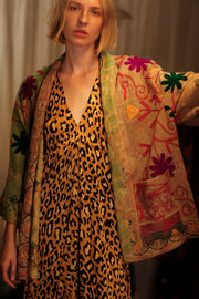 KANTHA EMBROIDERED SHORT MONTY KIMONO GRASS - sustainably made MOMO NEW YORK sustainable clothing, embellished slow fashion