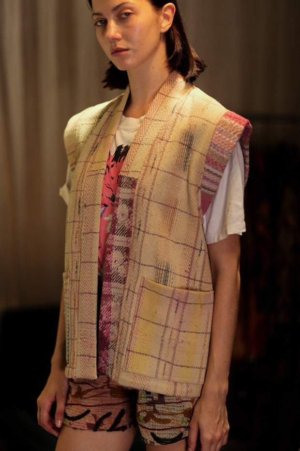 KANTHA GILET VEST BANANA CHECKS - sustainably made MOMO NEW YORK sustainable clothing, coatandjacket slow fashion