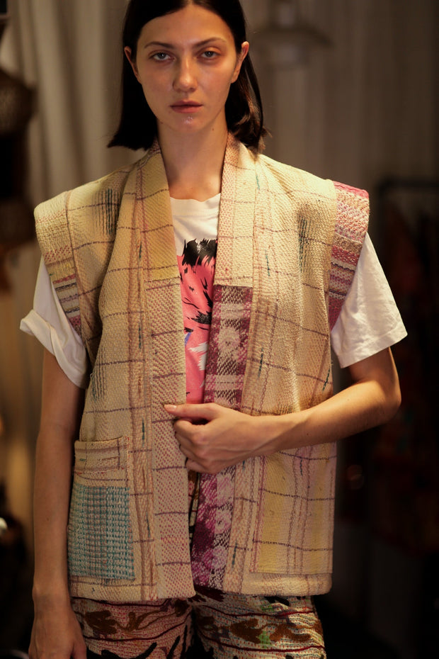 KANTHA GILET VEST BANANA CHECKS - sustainably made MOMO NEW YORK sustainable clothing, coatandjacket slow fashion