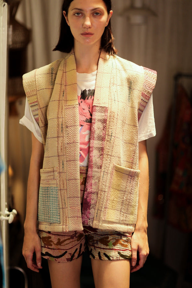 KANTHA GILET VEST BANANA CHECKS - sustainably made MOMO NEW YORK sustainable clothing, coatandjacket slow fashion