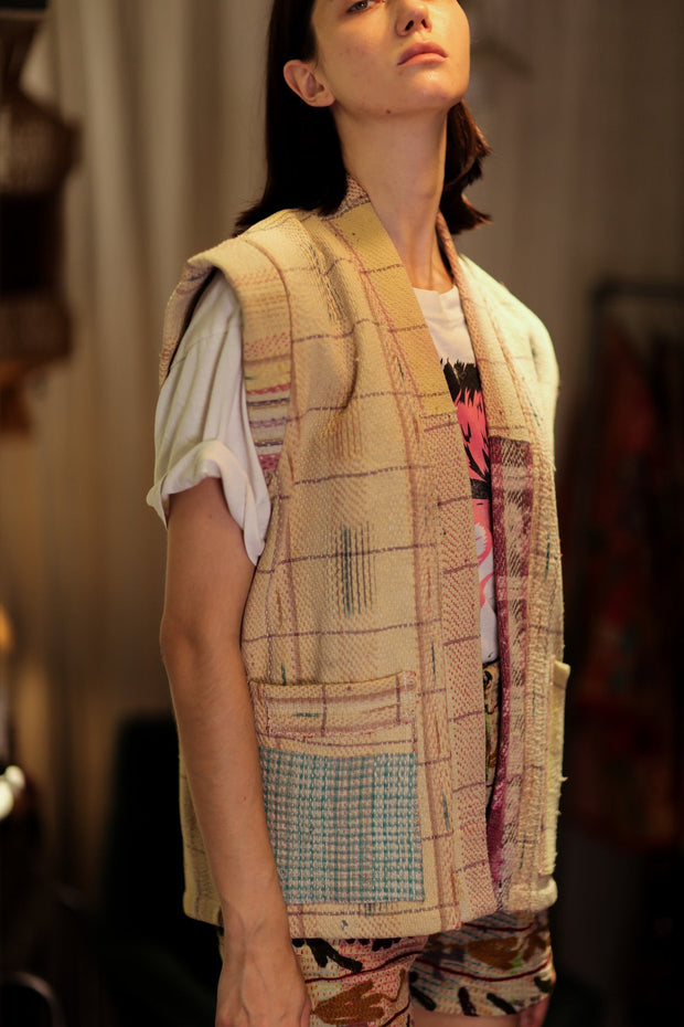 KANTHA GILET VEST BANANA CHECKS - sustainably made MOMO NEW YORK sustainable clothing, coatandjacket slow fashion