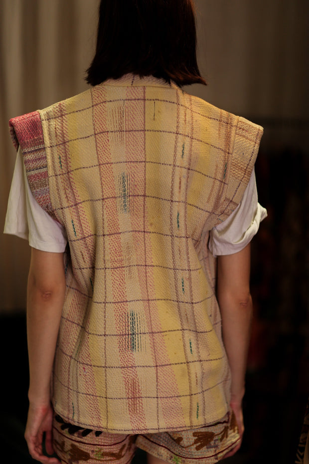 KANTHA GILET VEST BANANA CHECKS - sustainably made MOMO NEW YORK sustainable clothing, coatandjacket slow fashion