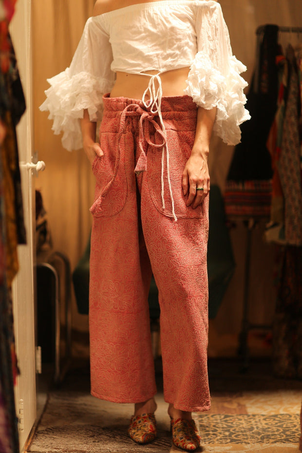KANTHA PANTS LENA PINK SOLID - sustainably made MOMO NEW YORK sustainable clothing, embroidered slow fashion
