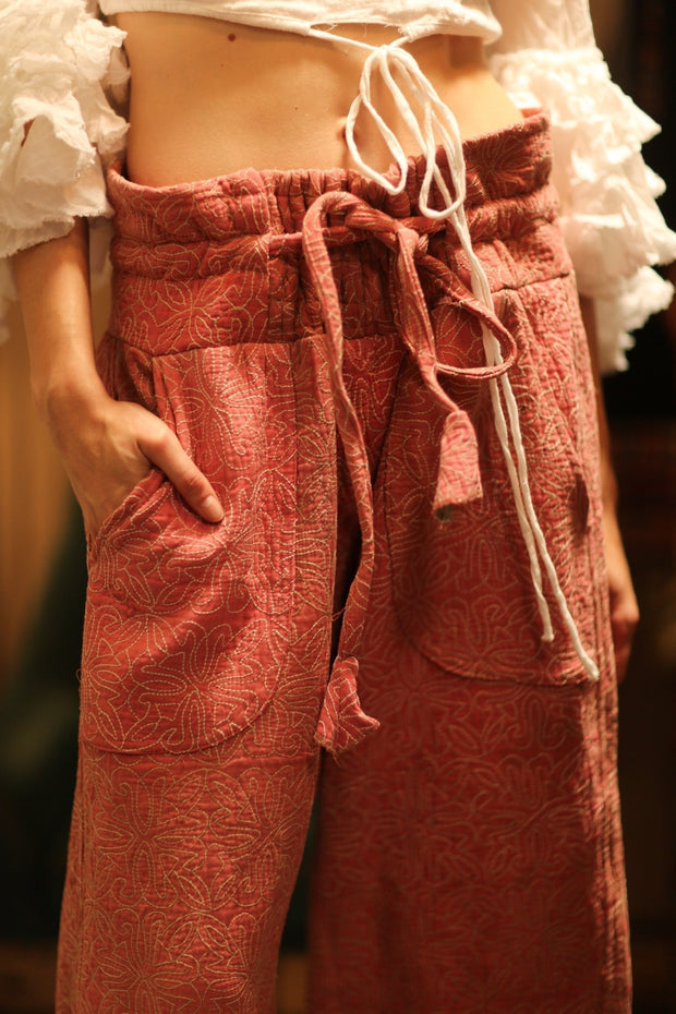 KANTHA PANTS LENA PINK SOLID - sustainably made MOMO NEW YORK sustainable clothing, embroidered slow fashion