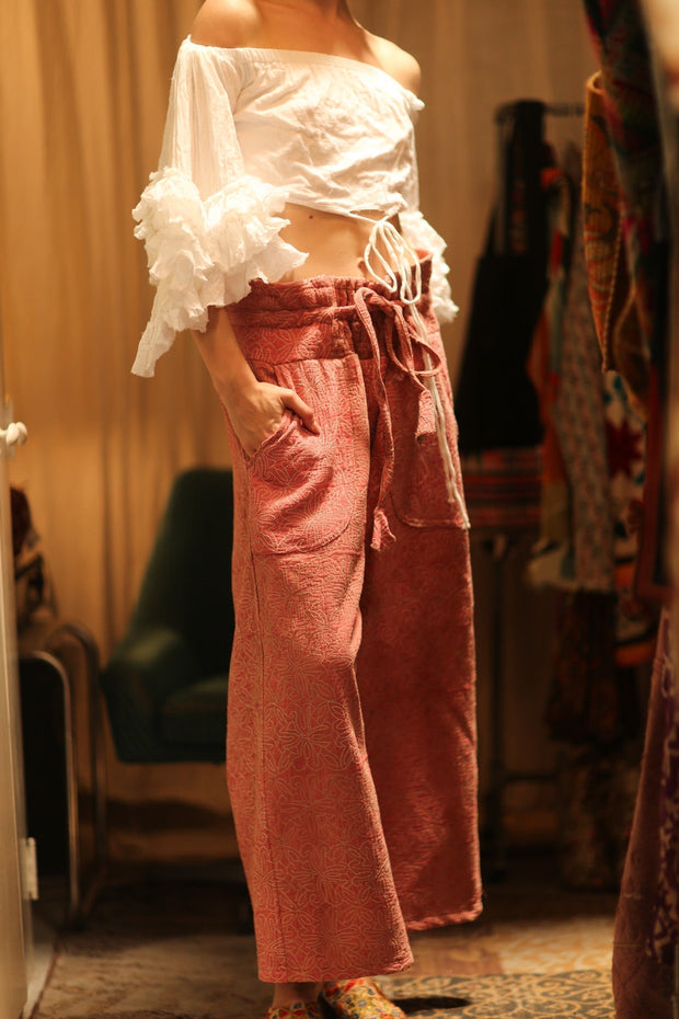 KANTHA PANTS LENA PINK SOLID - sustainably made MOMO NEW YORK sustainable clothing, embroidered slow fashion