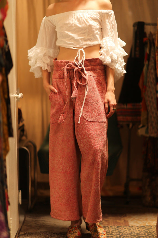 KANTHA PANTS LENA PINK SOLID - sustainably made MOMO NEW YORK sustainable clothing, embroidered slow fashion