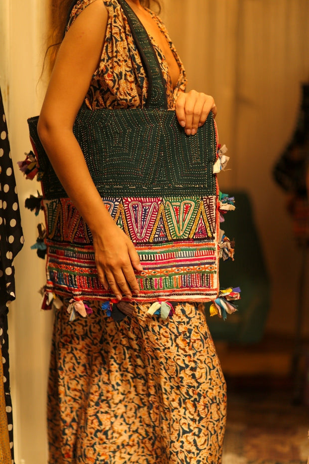 KOREY EMBROIDERED PATCHWORK BAG - sustainably made MOMO NEW YORK sustainable clothing, bag slow fashion