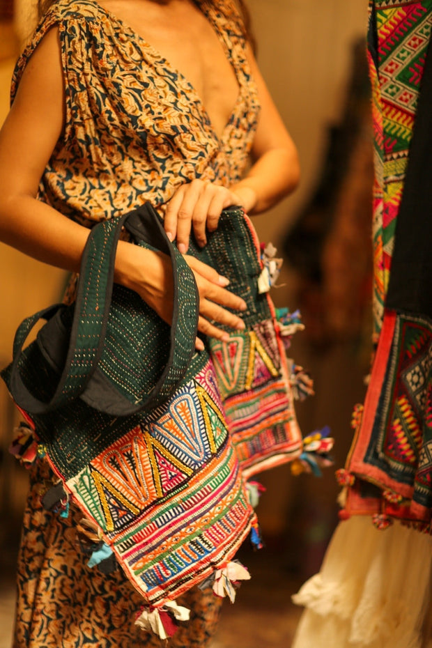 KOREY EMBROIDERED PATCHWORK BAG - sustainably made MOMO NEW YORK sustainable clothing, bag slow fashion