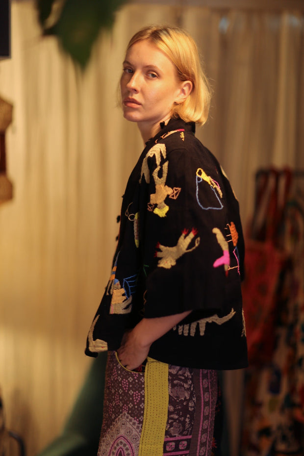 LAOS EMBROIDERED TRIBAL SHORT JACKET - sustainably made MOMO NEW YORK sustainable clothing, coatandjacket slow fashion