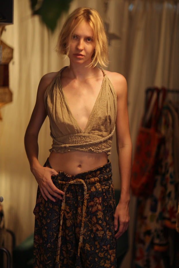 LENA KANTHA TROUSERS BLUE AND BEIJE - sustainably made MOMO NEW YORK sustainable clothing, embroidered slow fashion
