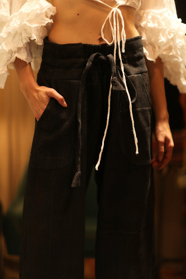 LENA KANTHA TROUSERS CHARCOAL - sustainably made MOMO NEW YORK sustainable clothing, embroidered slow fashion
