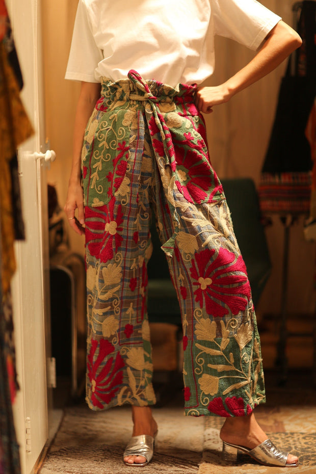 LENA KANTHA TROUSERS CHECKS AND FLOWERS - sustainably made MOMO NEW YORK sustainable clothing, embroidered slow fashion