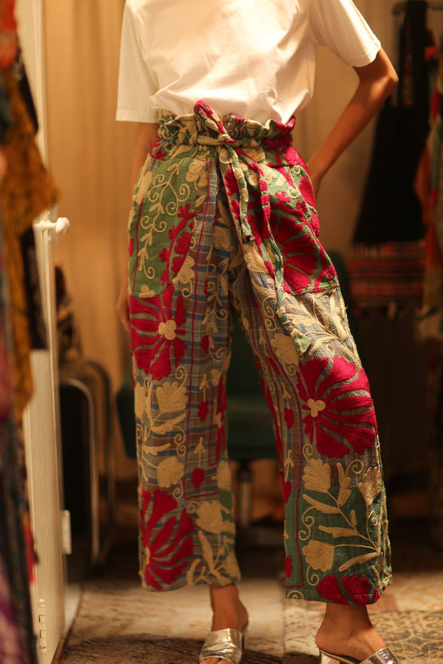 LENA KANTHA TROUSERS CHECKS AND FLOWERS - sustainably made MOMO NEW YORK sustainable clothing, embroidered slow fashion