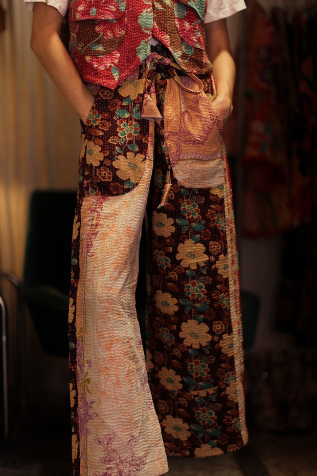 LENA KANTHA TROUSERS FLOWERS PATCHES - sustainably made MOMO NEW YORK sustainable clothing, embroidered slow fashion
