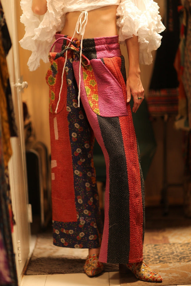 LENA KANTHA TROUSERS FUCHSIA AND FLOWERS - sustainably made MOMO NEW YORK sustainable clothing, embroidered slow fashion