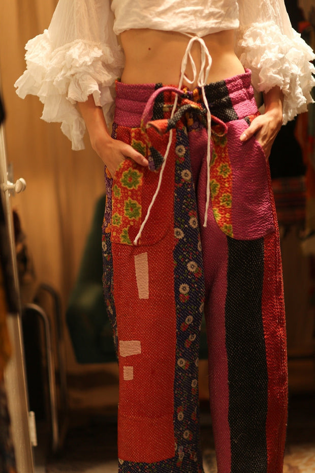 LENA KANTHA TROUSERS FUCHSIA AND FLOWERS - sustainably made MOMO NEW YORK sustainable clothing, embroidered slow fashion