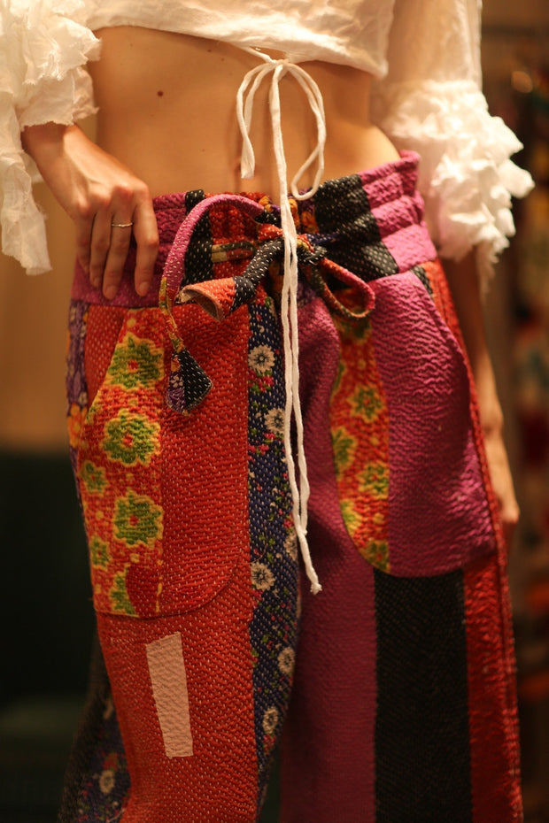 LENA KANTHA TROUSERS FUCHSIA AND FLOWERS - sustainably made MOMO NEW YORK sustainable clothing, embroidered slow fashion