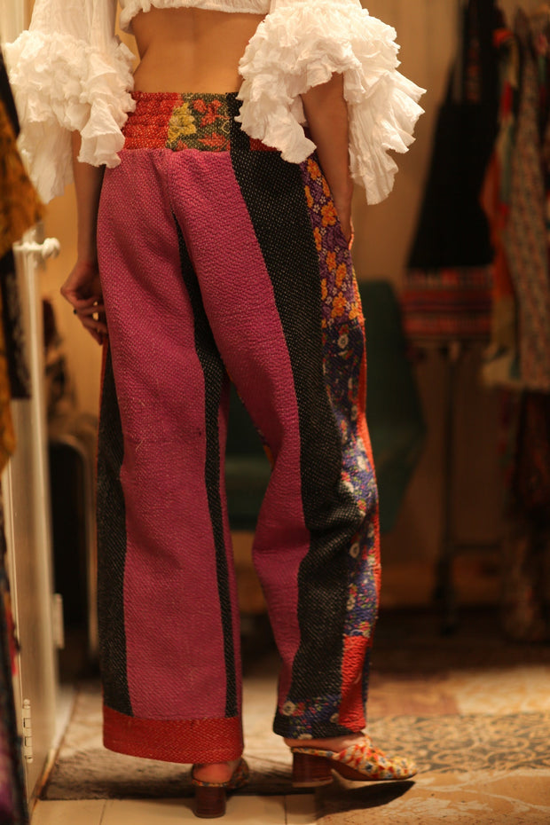 LENA KANTHA TROUSERS FUCHSIA AND FLOWERS - sustainably made MOMO NEW YORK sustainable clothing, embroidered slow fashion