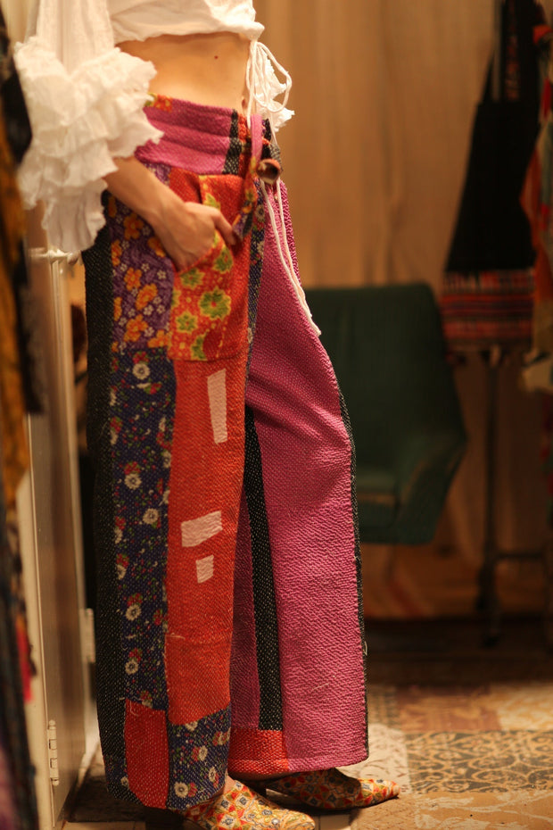 LENA KANTHA TROUSERS FUCHSIA AND FLOWERS - sustainably made MOMO NEW YORK sustainable clothing, embroidered slow fashion