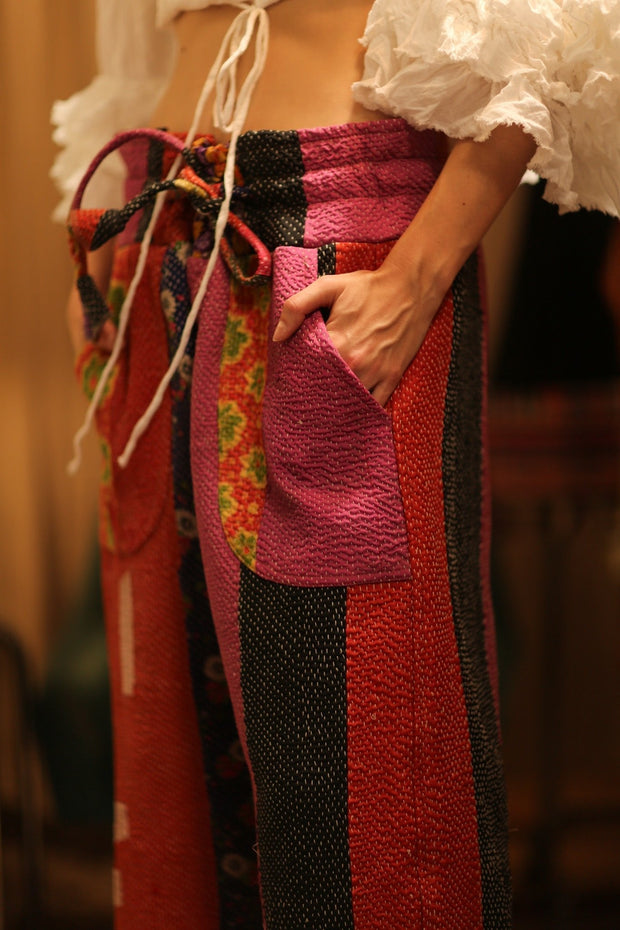 LENA KANTHA TROUSERS FUCHSIA AND FLOWERS - sustainably made MOMO NEW YORK sustainable clothing, embroidered slow fashion