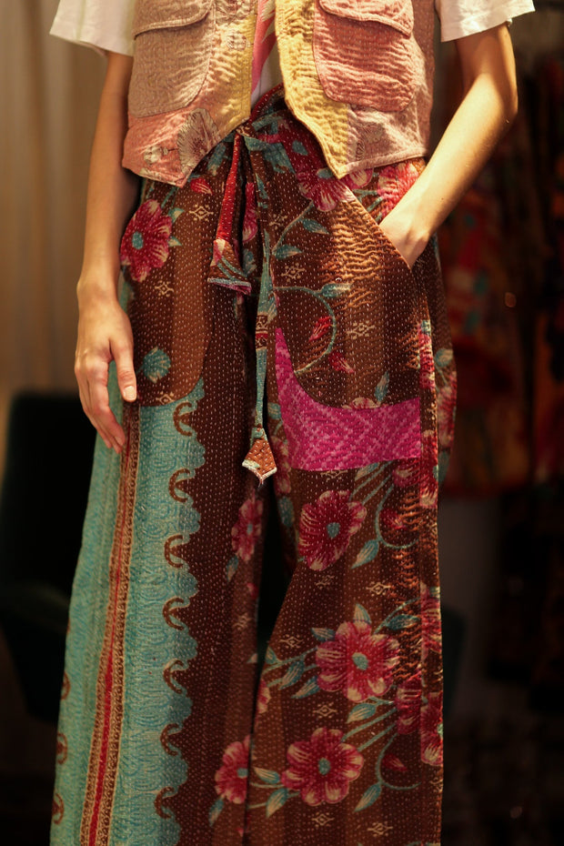 LENA KANTHA TROUSERS MINT CHOCOLATE - sustainably made MOMO NEW YORK sustainable clothing, embroidered slow fashion