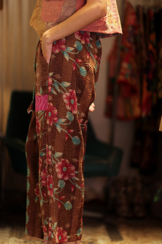 LENA KANTHA TROUSERS MINT CHOCOLATE - sustainably made MOMO NEW YORK sustainable clothing, embroidered slow fashion