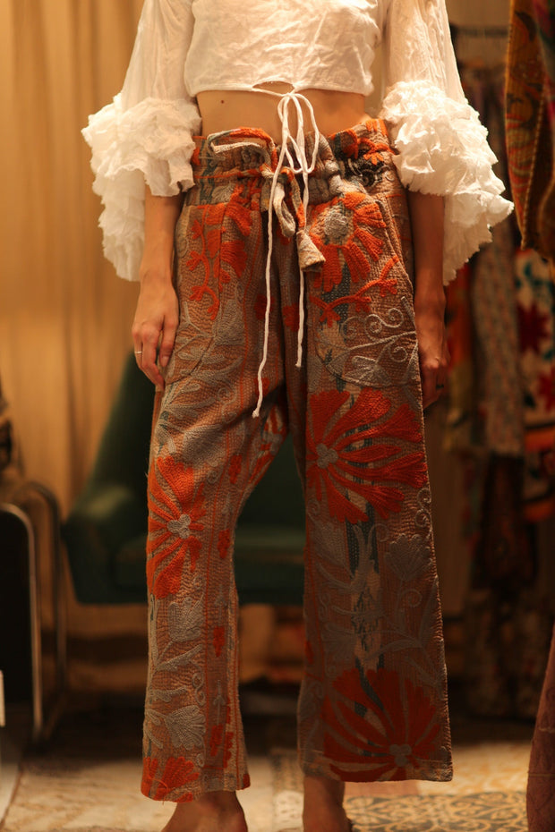 LENA KANTHA TROUSERS ORANGE FLOWERS - sustainably made MOMO NEW YORK sustainable clothing, embroidered slow fashion