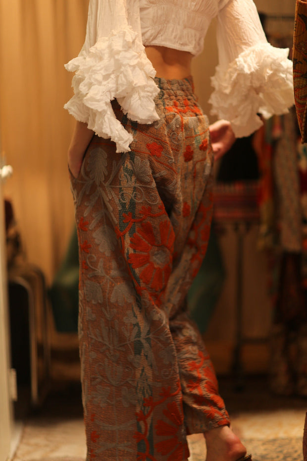 LENA KANTHA TROUSERS ORANGE FLOWERS - sustainably made MOMO NEW YORK sustainable clothing, embroidered slow fashion