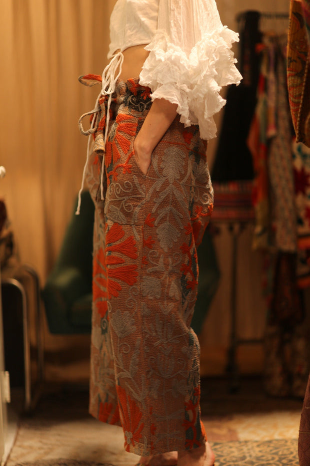 LENA KANTHA TROUSERS ORANGE FLOWERS - sustainably made MOMO NEW YORK sustainable clothing, embroidered slow fashion