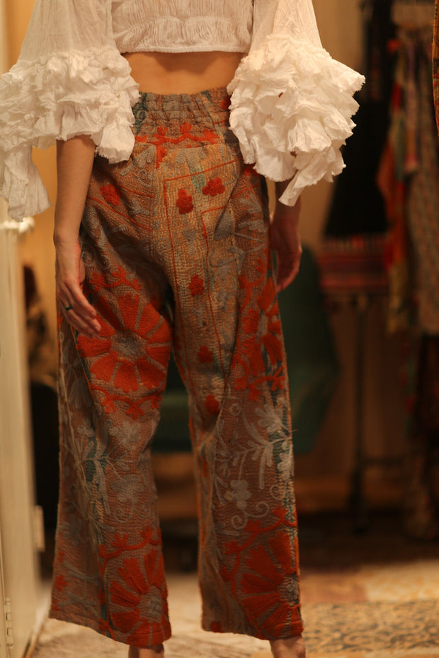 LENA KANTHA TROUSERS ORANGE FLOWERS - sustainably made MOMO NEW YORK sustainable clothing, embroidered slow fashion