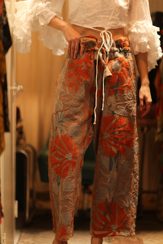 LENA KANTHA TROUSERS ORANGE FLOWERS - sustainably made MOMO NEW YORK sustainable clothing, embroidered slow fashion